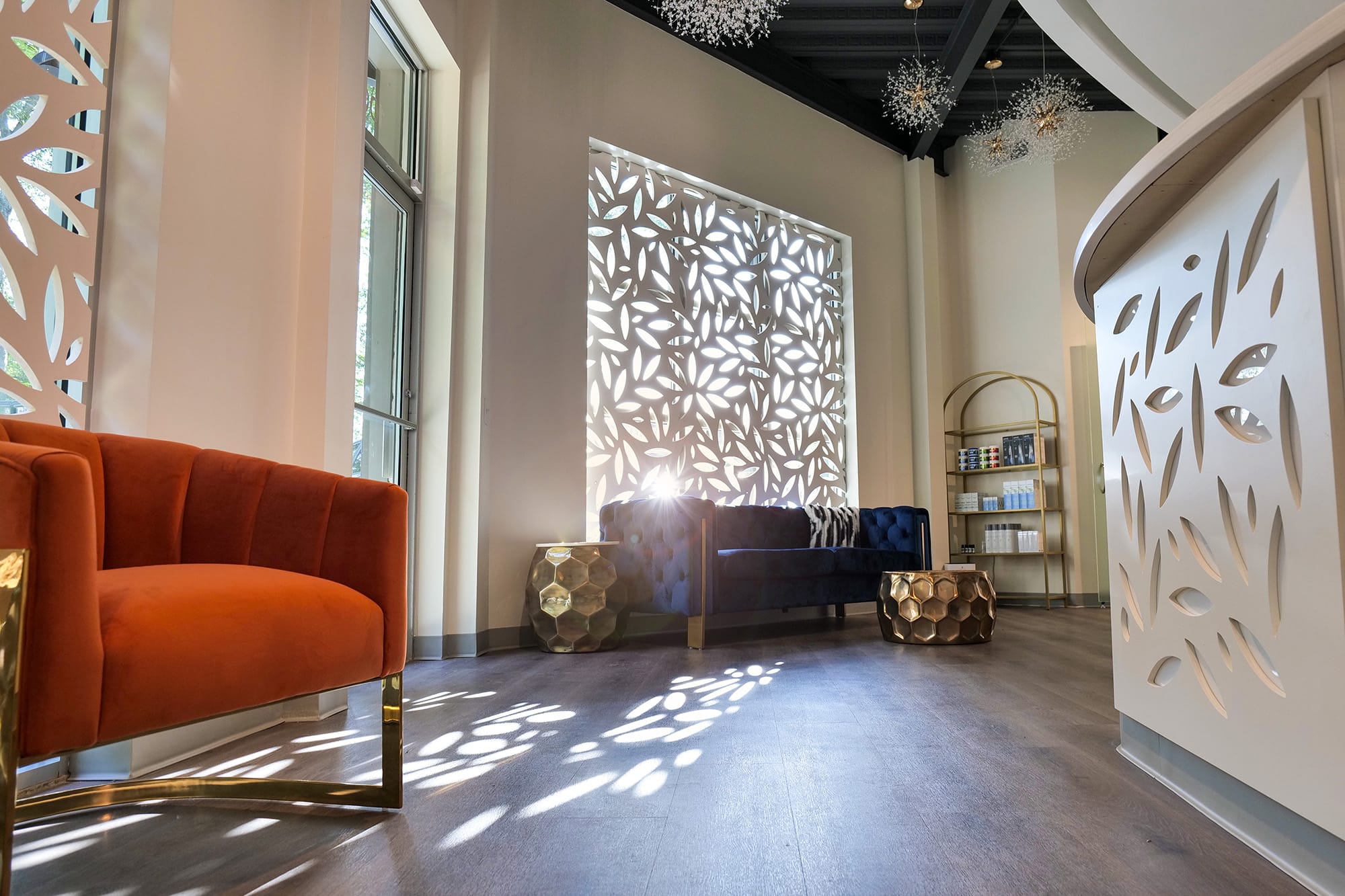 Modern and stylish waiting area at Atlanta Dental Spa's Brookhaven dental office, featuring luxurious seating, elegant décor, and natural light for a relaxing dental experience.