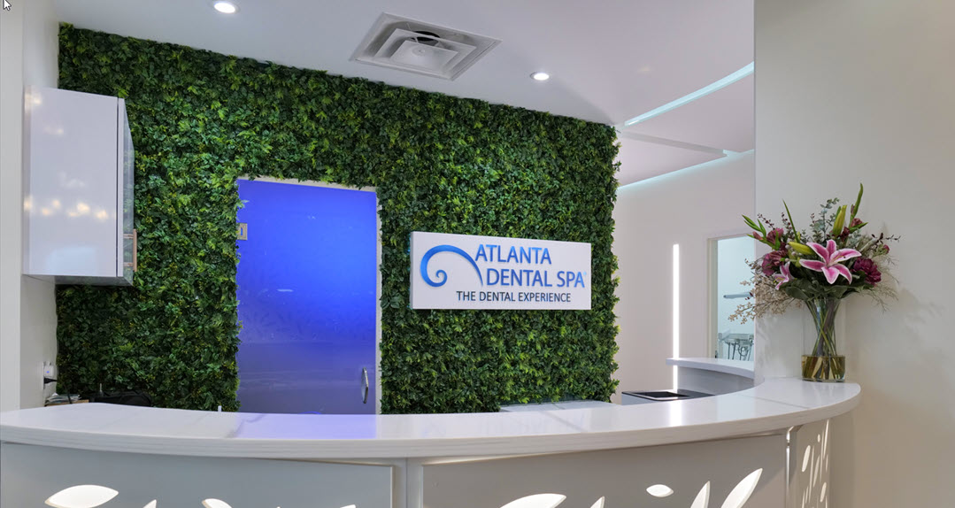 Interior of Atlanta Dental Spa’s front lobby at the Brookhaven, GA office. 