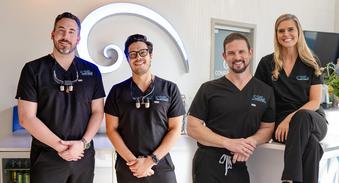Atlanta Dental Spa team members from left to right: Dr. Drew King, Dr. Juan Pablo Mora, Dr. Andrew Hamilton, Charissa Wood, RDH